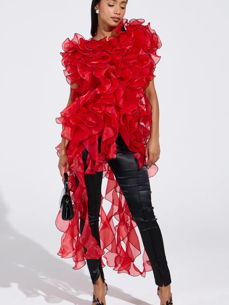 Akira Lover Ruffle Blouse Dramatic Red Ruffle Organza Tunic Size L Large Dress